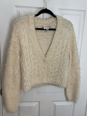 INDUSTRY Ivory Fuzzy Cable-Knit V-Neck Cardigan